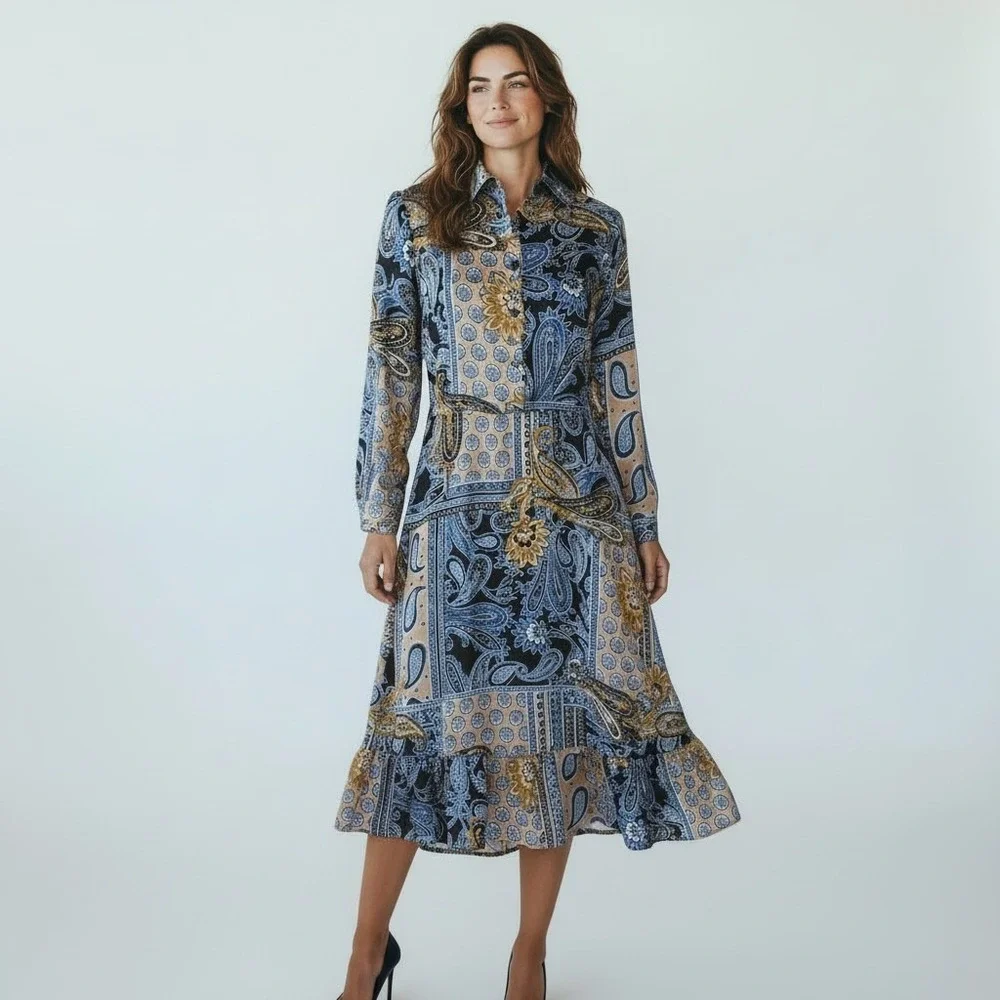Jones NY Women Paisley Patchwork Ruffle Hem Shirt Dress Blue XS boho chic preppy